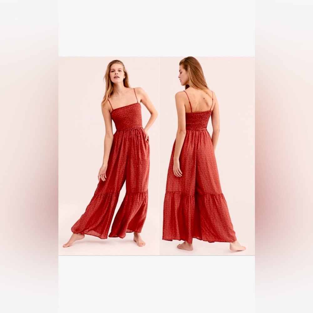 Free People Jumpsuit Wide Legs High Rise Smocked Bodice Floral Strapless Size S